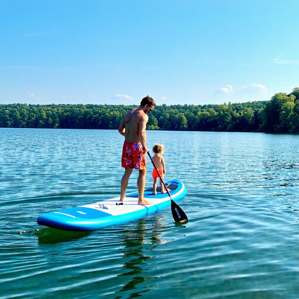paddleboard on a lake with family-1