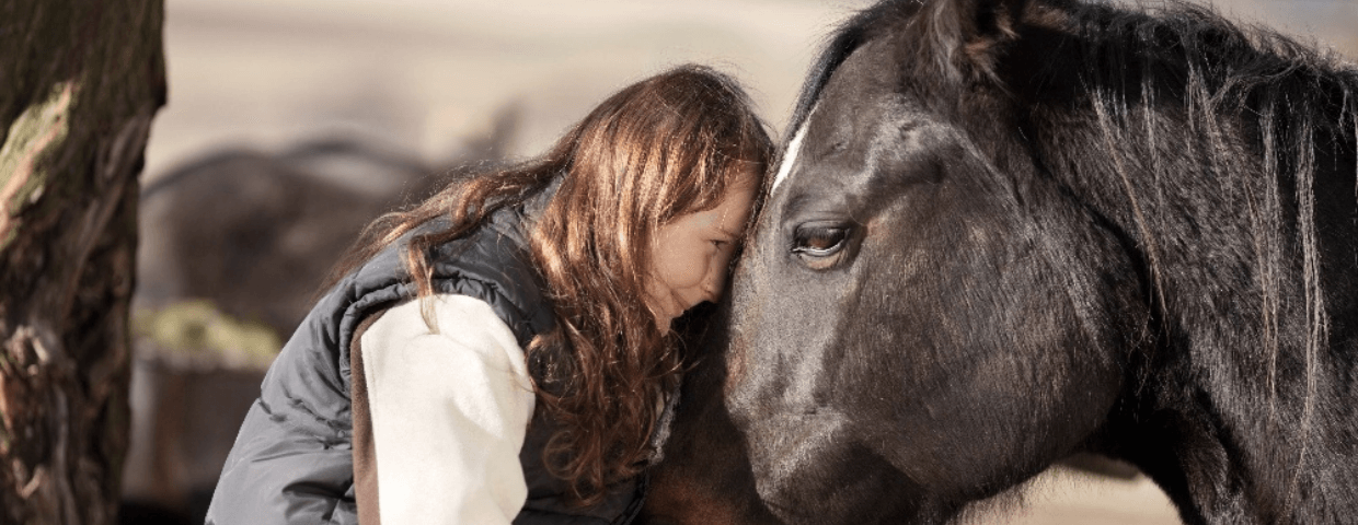 a girl hugging a horse